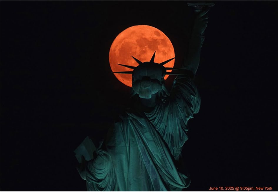 Strawberry Full Moon copy Strawberry Full Moon In Front of the Statue of Liberty.